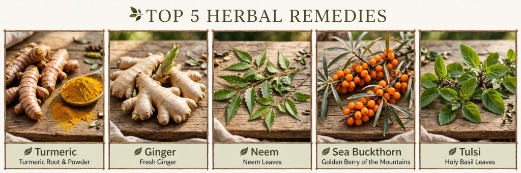Top 5 most popular herbal remedies turmeric ginger neem sea buckthorn tulsi benefits