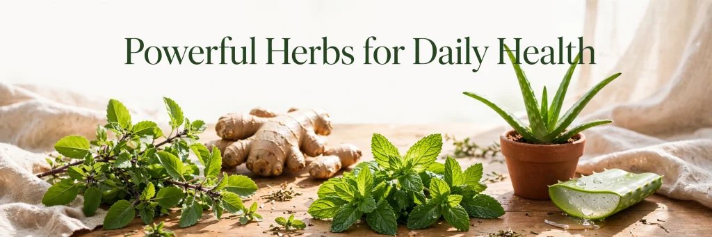 Natural herbs tulsi ginger mint aloe vera for health benefits introduction