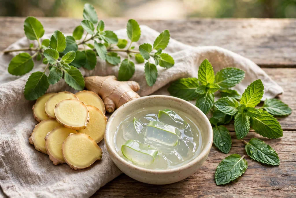 Fresh Tulsi ginger mint and aloe vera herbs on wooden table for daily health
