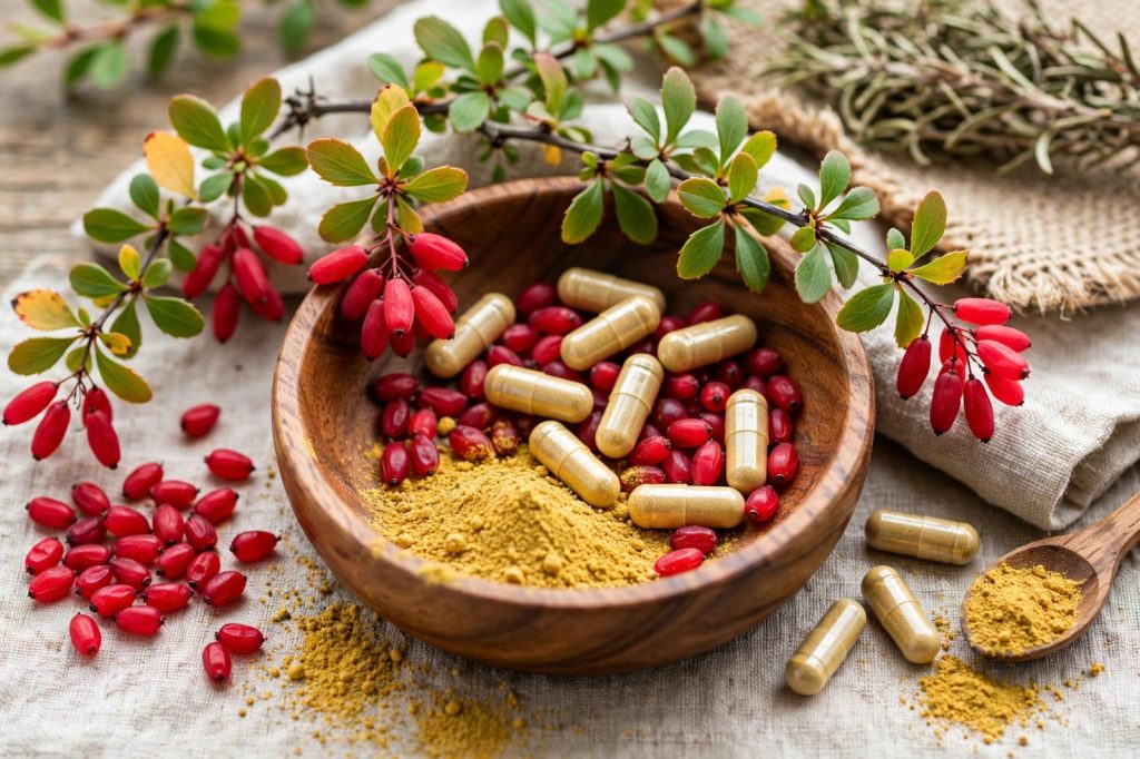 Berberine for blood sugar: yellow berberine capsules with barberry berries and a glucose meter