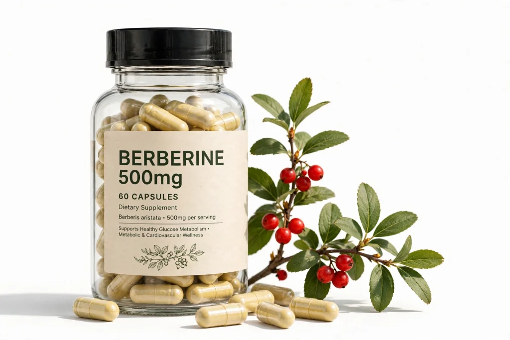 Berberine 500mg bottle with 60 capsules and berberis plant with red berries on white background