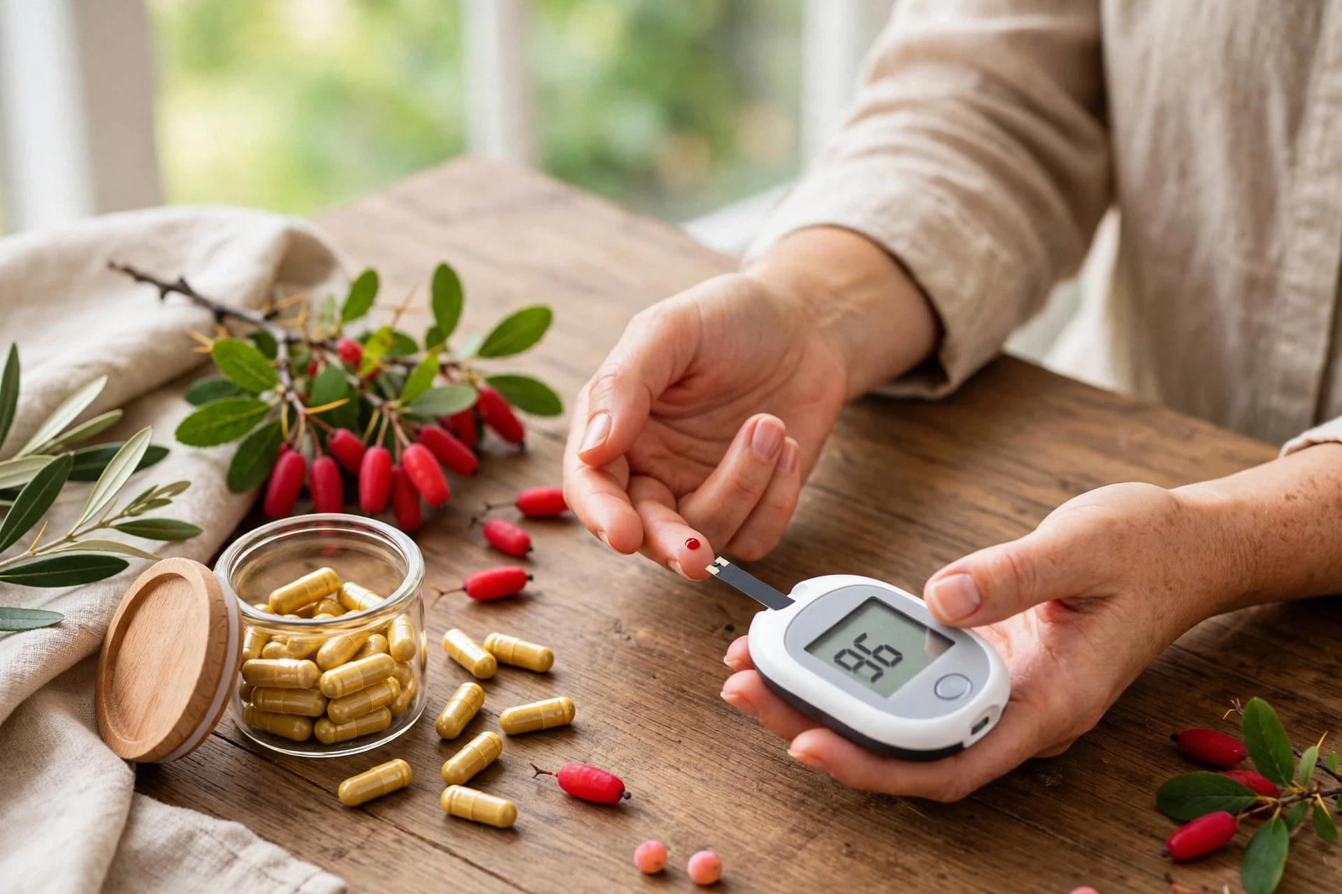Blood sugar check with berberine capsules and berries on table