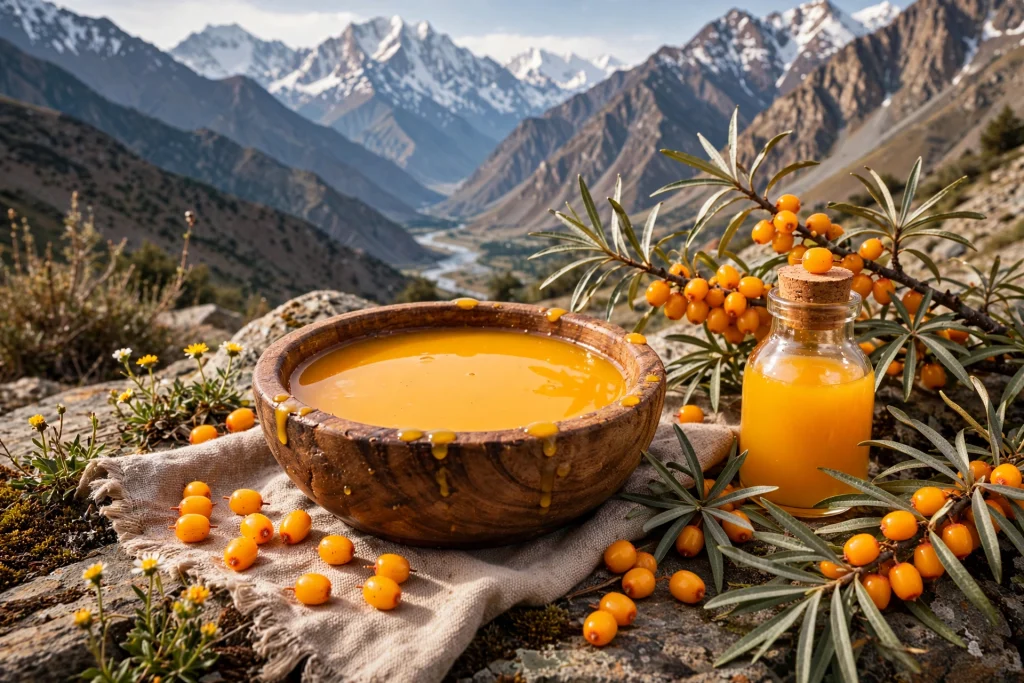 Seabuckthorn 7 proven benefits, ripe golden berries on a branch in Nagar valley