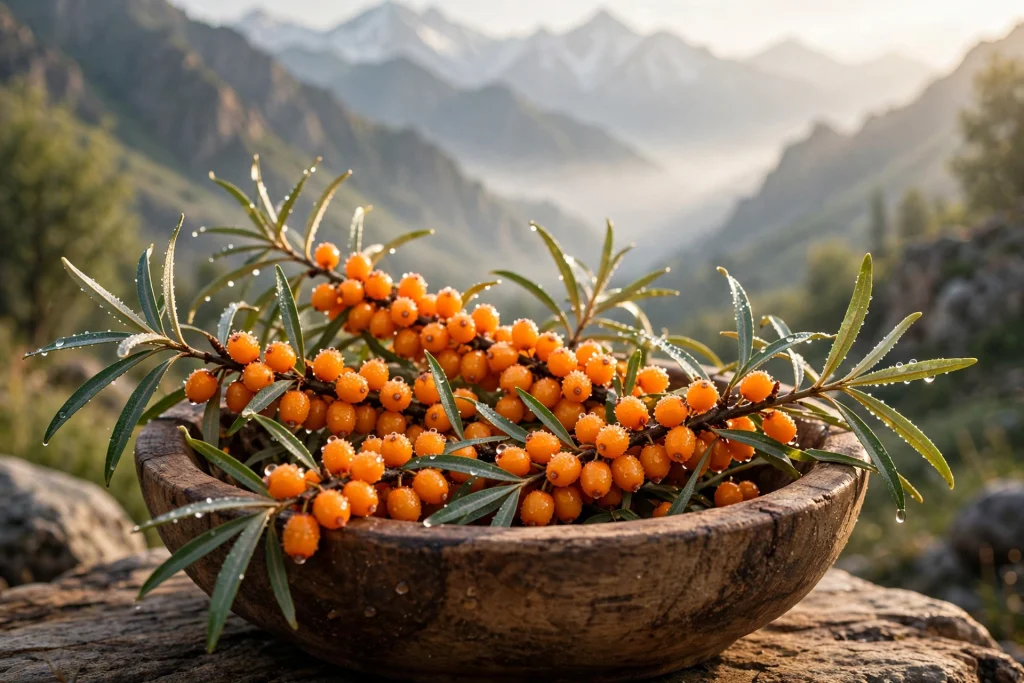 2. Alt Text: Fresh orange seabuckthorn berries with green leaves in a wooden bowl in the mountains of Gilgit Baltistan Pakistan