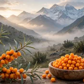 Beautiful fresh seabuckthorn berries with Gilgit Baltistan snowy mountains sunrise view