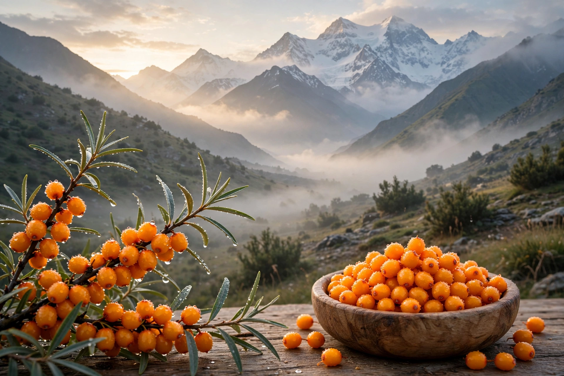 Beautiful fresh seabuckthorn berries with Gilgit Baltistan snowy mountains sunrise view